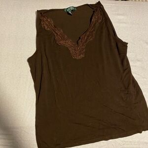 Brown Sleeveless Top with Lace Trim